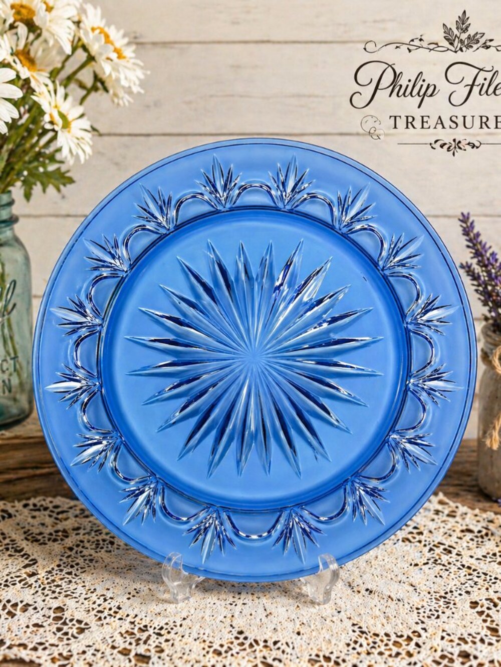 DP-05-Vintage Blue Glass Plate Starburst Pattern Retro Table Decor Collectible S - Picture 5 of 10
